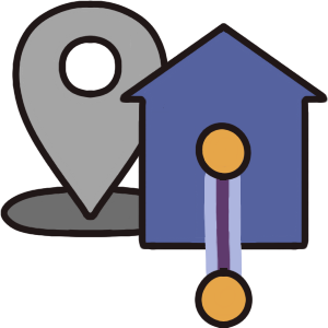 A blueish purple house with a genealogy chart overlaid on it. The chart extends beyond the house, so the child is outside the house while the sole parent is in it. 